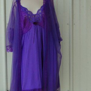 NOS Intimate Encounters Vintage Purple Nylon Lace Gown Robe SET sz 4x